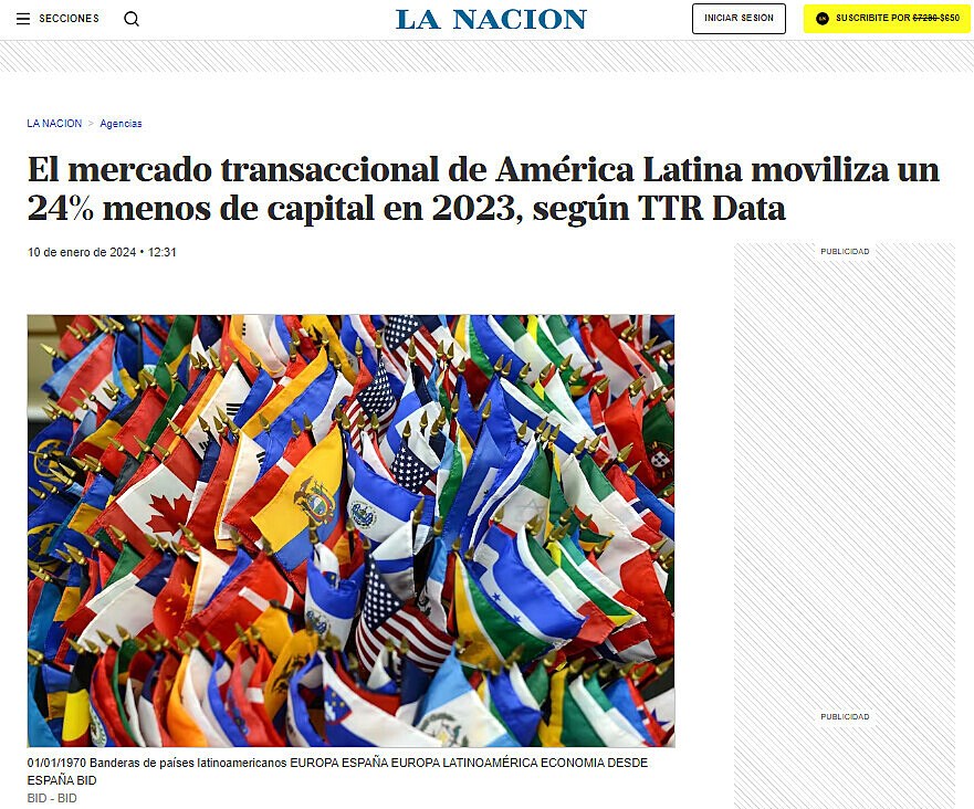 El mercado transaccional de Amrica Latina moviliza un 24% menos de capital en 2023, segn TTR Data